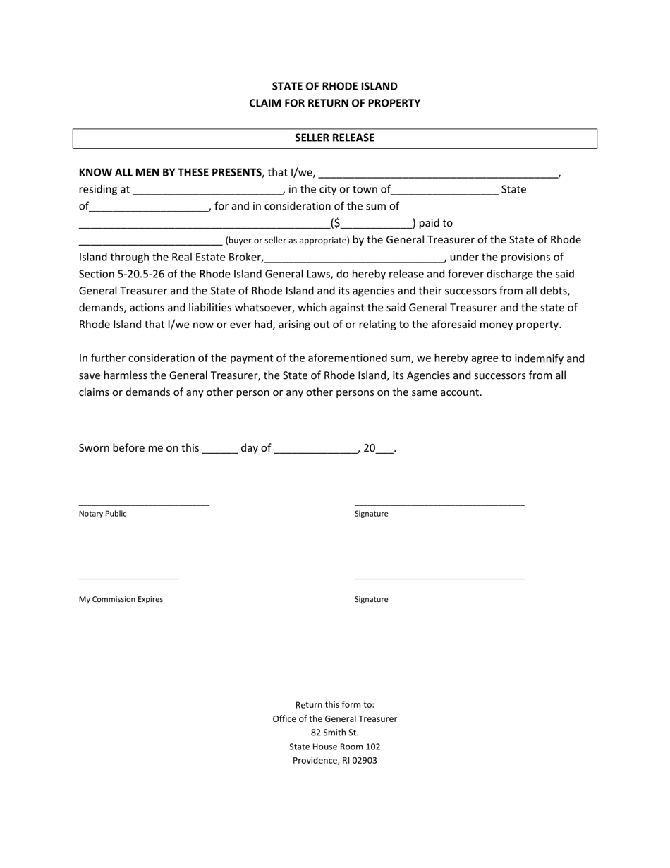 Claim for Return of Property - Seller Release - Rhode Island, Page 1