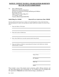 Document preview: Notice/Intent to File and Register or Renew out of State Subdivision - Rhode Island
