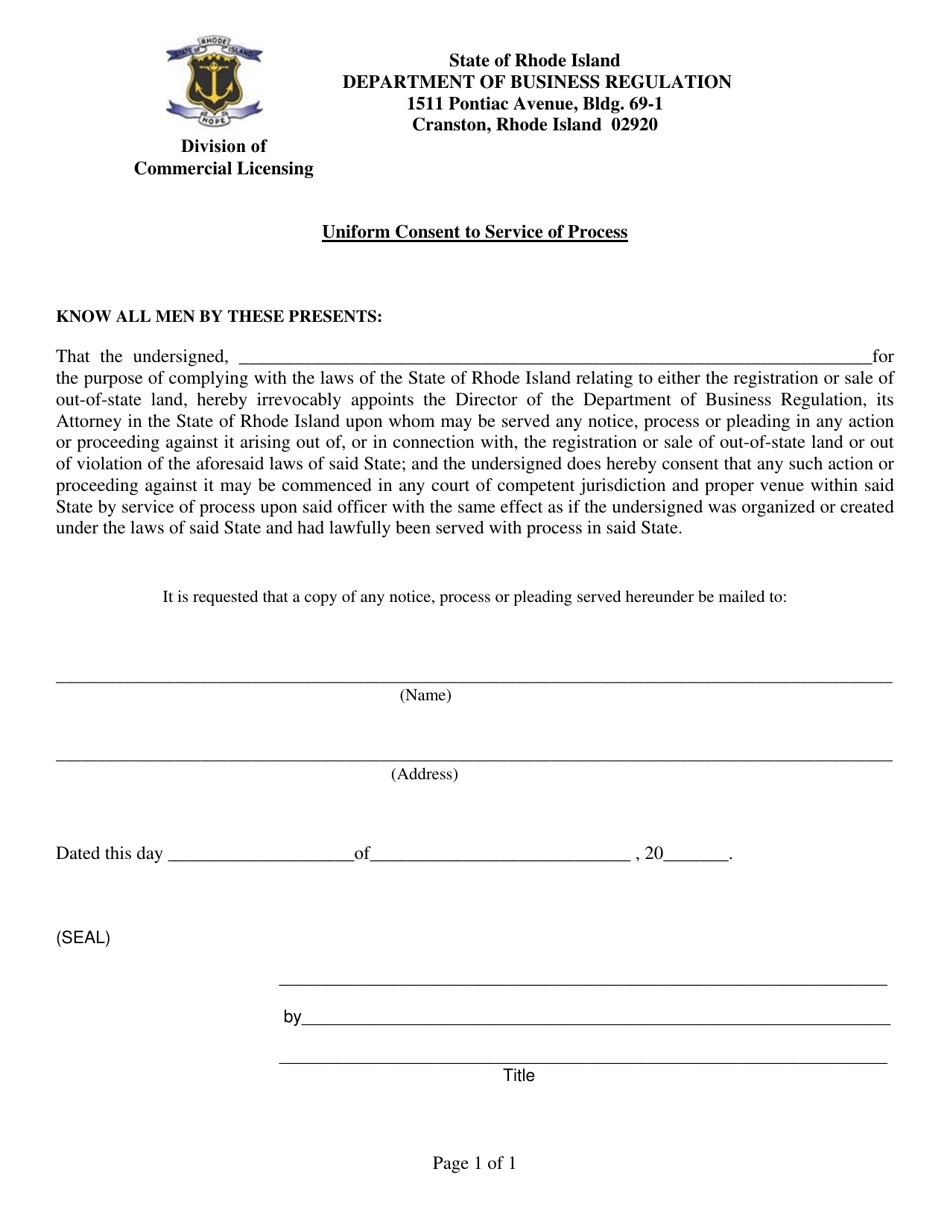 Uniform Consent to Service of Process - Rhode Island, Page 1