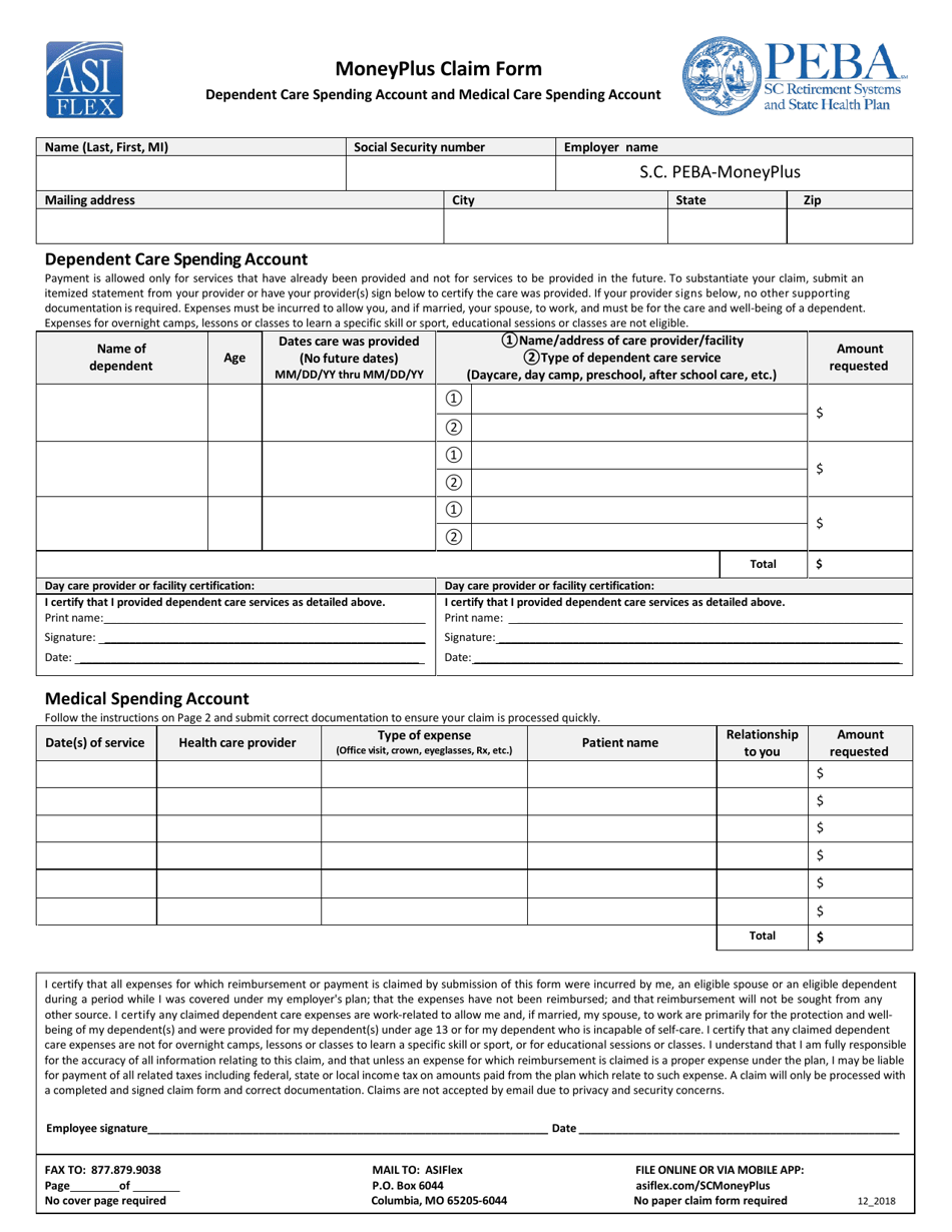 South Carolina Moneyplus Claim Form Dependent Care Spending Account