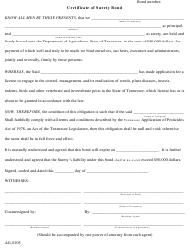 Form AG-0105 &quot;Certificate of Surety Bond for Wdo, General Pest and Rodent, Bird, and Fumigation Structural&quot; - Tennessee