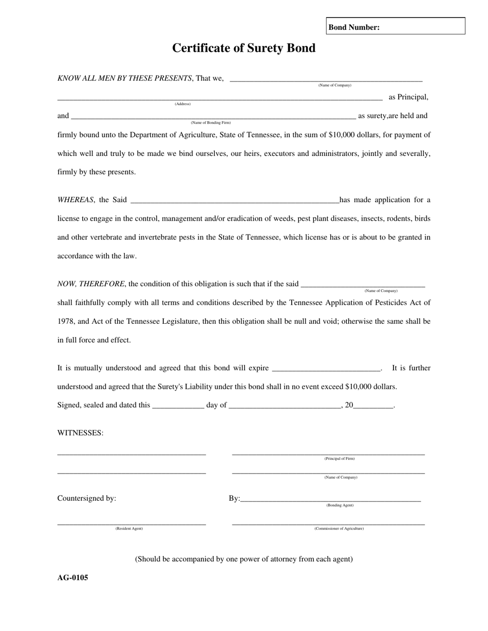 Form AG-0105 Certificate of Surety Bond - Tennessee, Page 1