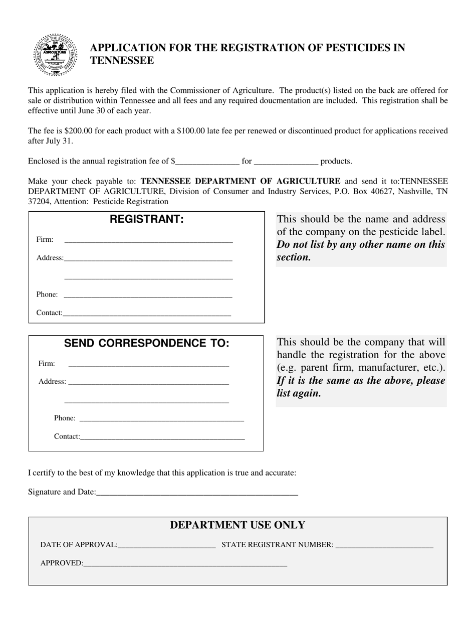 Application for the Registration of Pesticides in Tennessee - Tennessee, Page 1