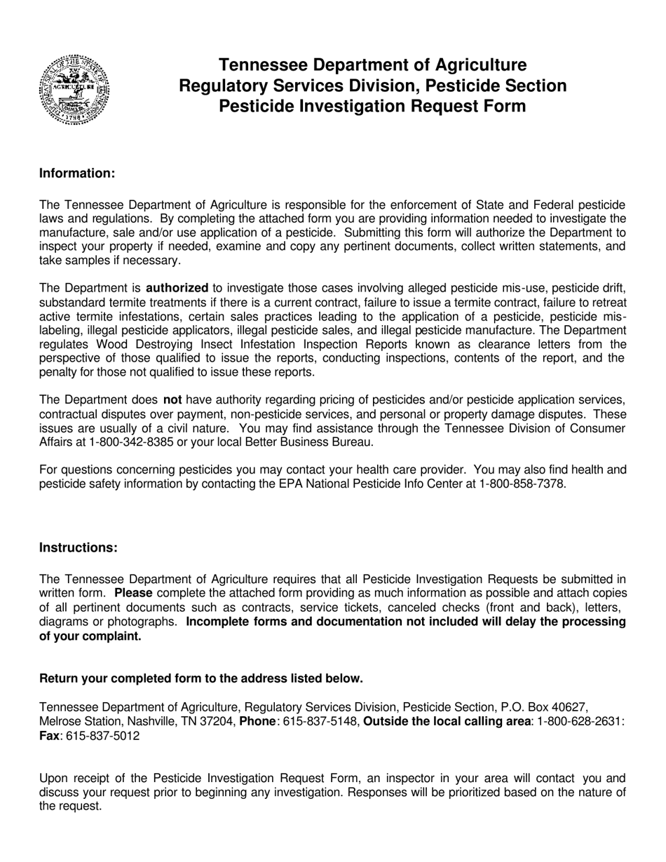 Instructions for Form AG-0568 Pesticide Investigation Request Form - Tennessee, Page 1