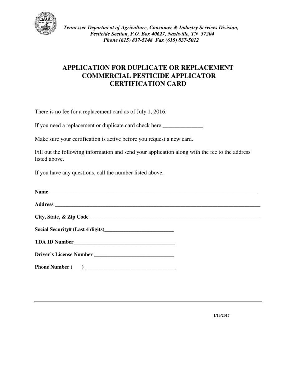 Application for Duplicate or Replacement Commercial Pesticide Applicator Certification Card - Tennessee, Page 1