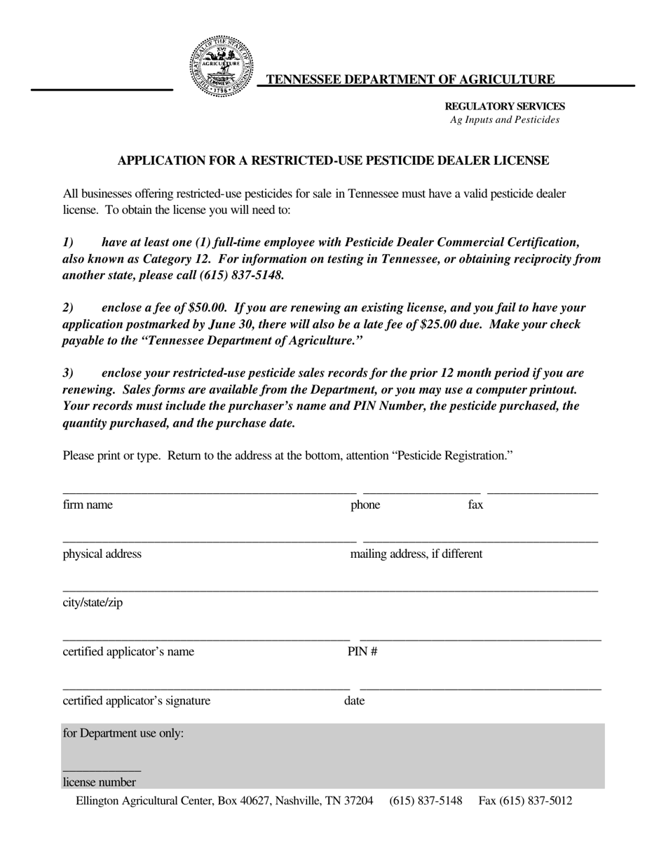 Tennessee Application for a RestrictedUse Pesticide Dealer License