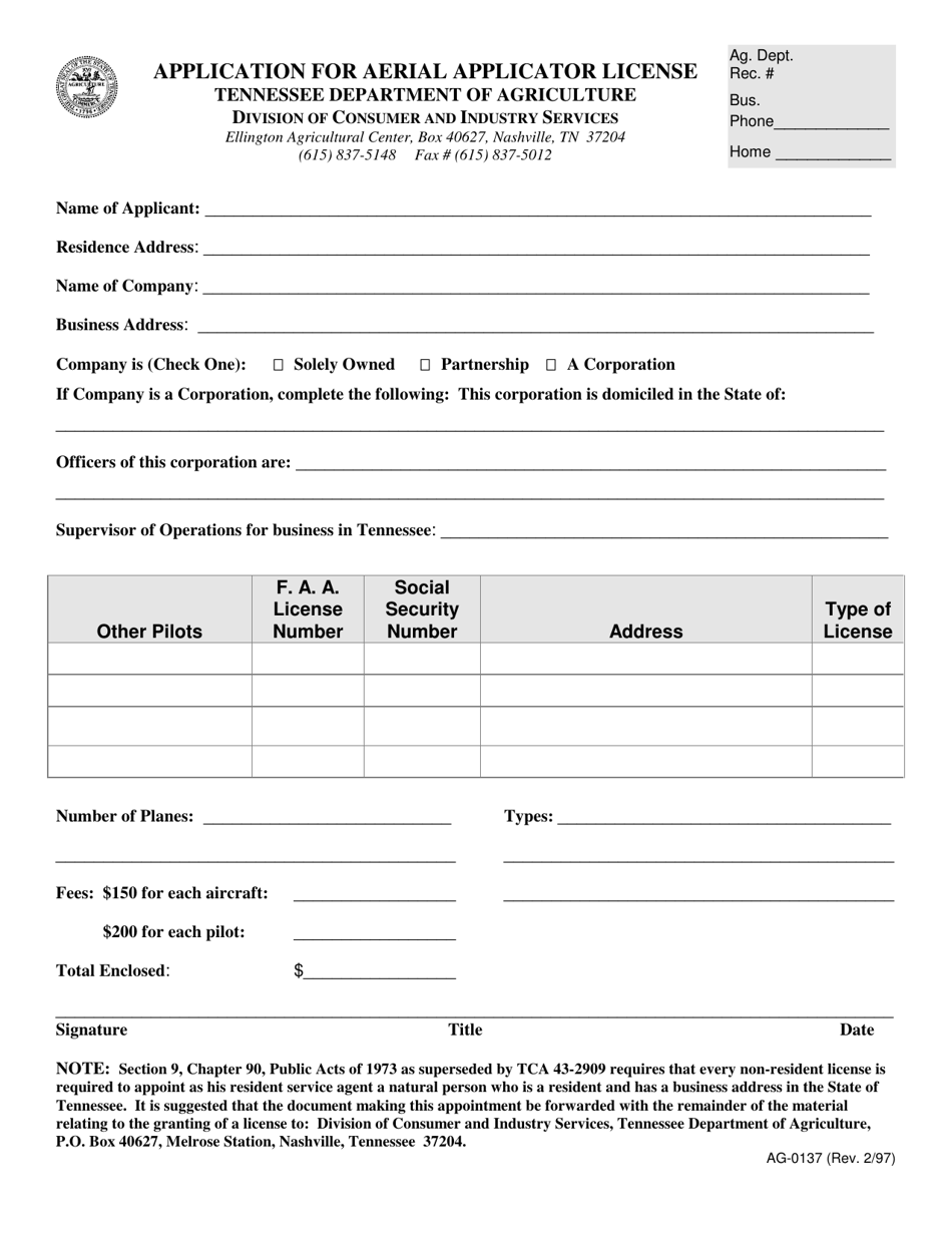 Form AG-0137 Application for Aerial Applicator License - Tennessee, Page 1
