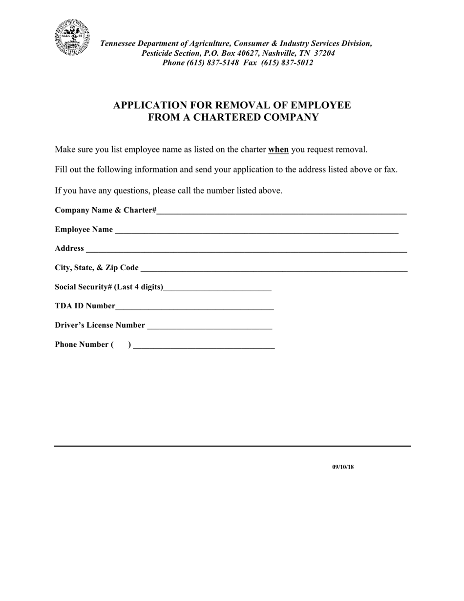 Application for Removal of Employee From a Chartered Company - Tennessee, Page 1