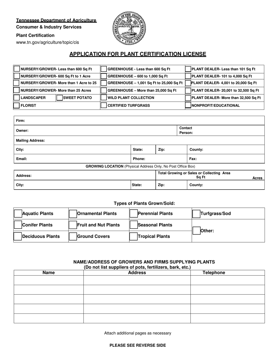 Application for Plant Certification License - Tennessee, Page 1