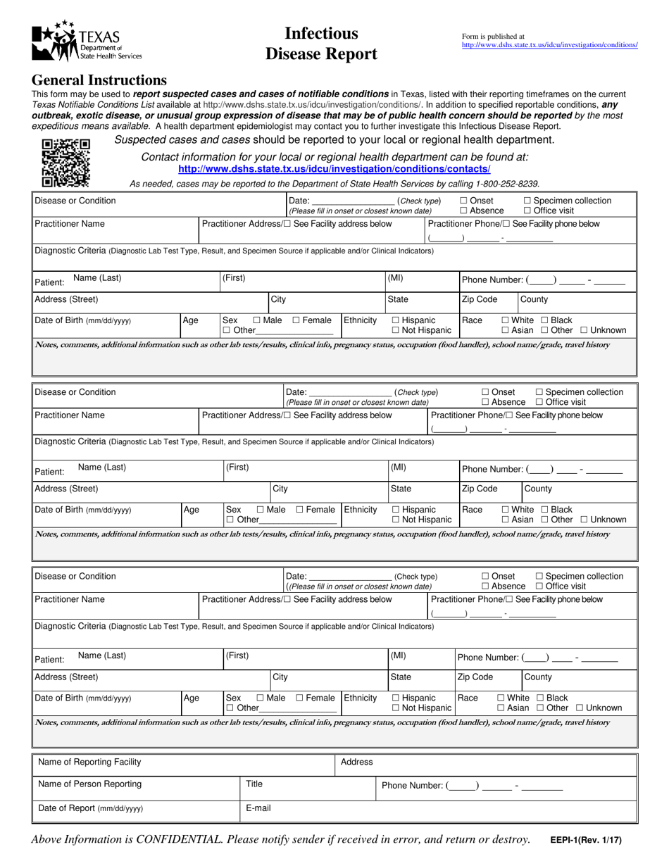 Form EEPI-1 Confidential Disease Report - Texas, Page 1