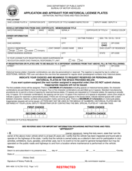 Form BMV4806 &quot;Application and Affidavit for Historical License Plates&quot; - Ohio