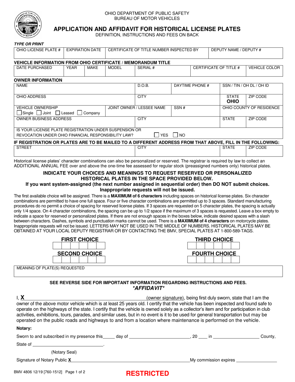 Form BMV4806 Application and Affidavit for Historical License Plates - Ohio, Page 1