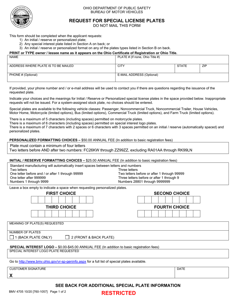 Form BMV4705 Request for Special License Plates - Ohio, Page 1
