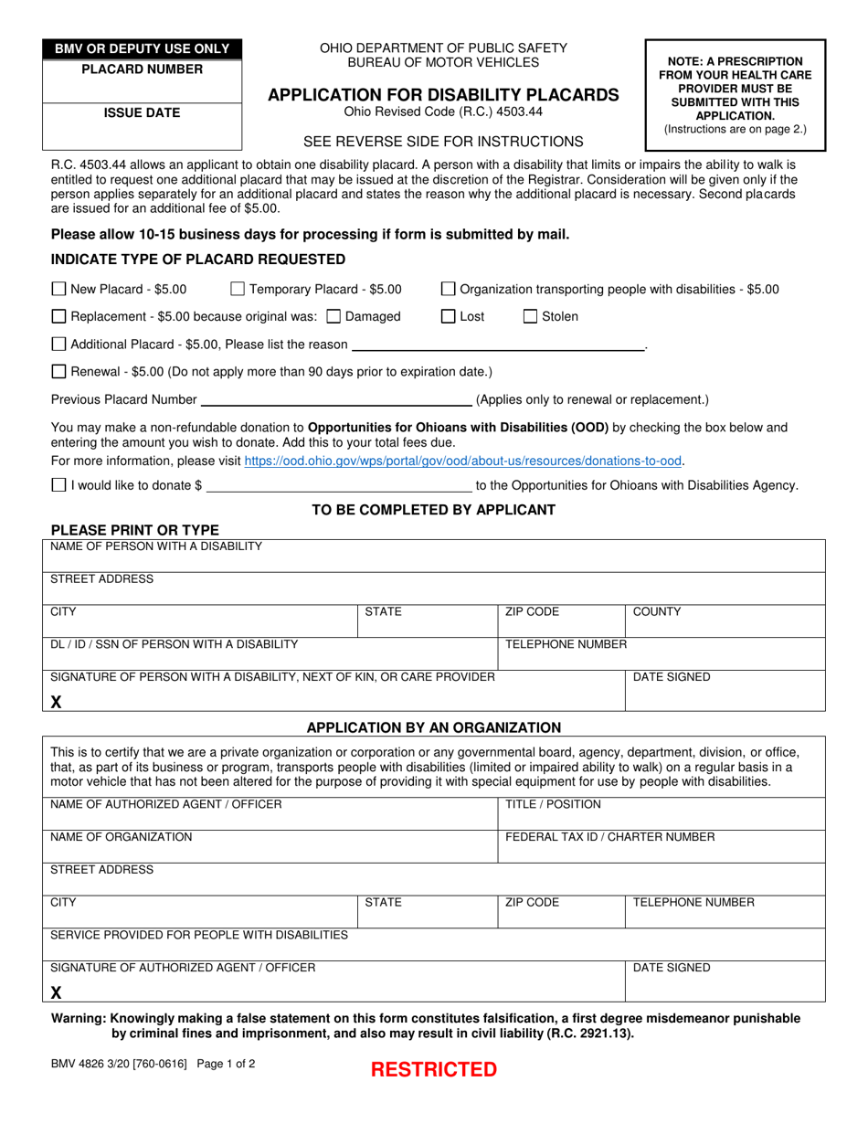Form BMV4826 Application for Disability Placards - Ohio, Page 1