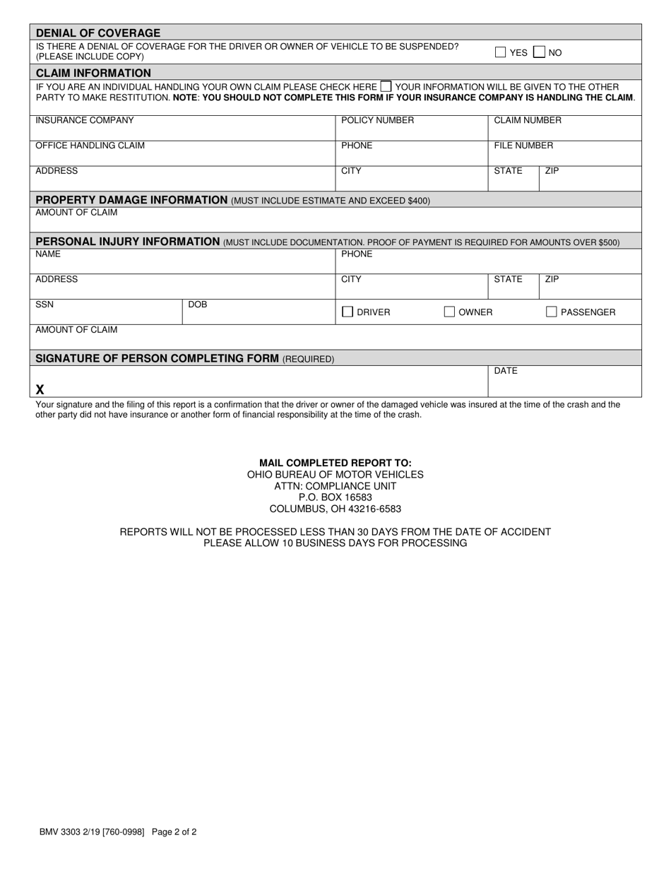 Form BMV3303 Crash Report - Ohio, Page 2