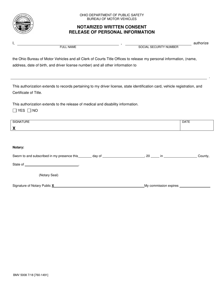 Form BMV5008 Notarized Written Consent Release of Personal Information - Ohio, Page 1