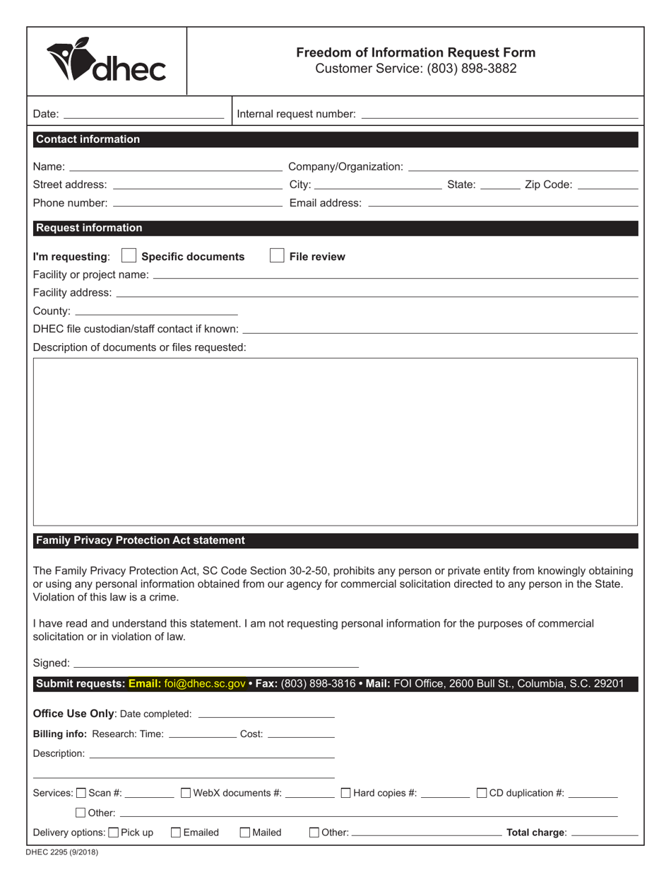 DHEC Form 2295 Freedom of Information Request Form - South Carolina, Page 1