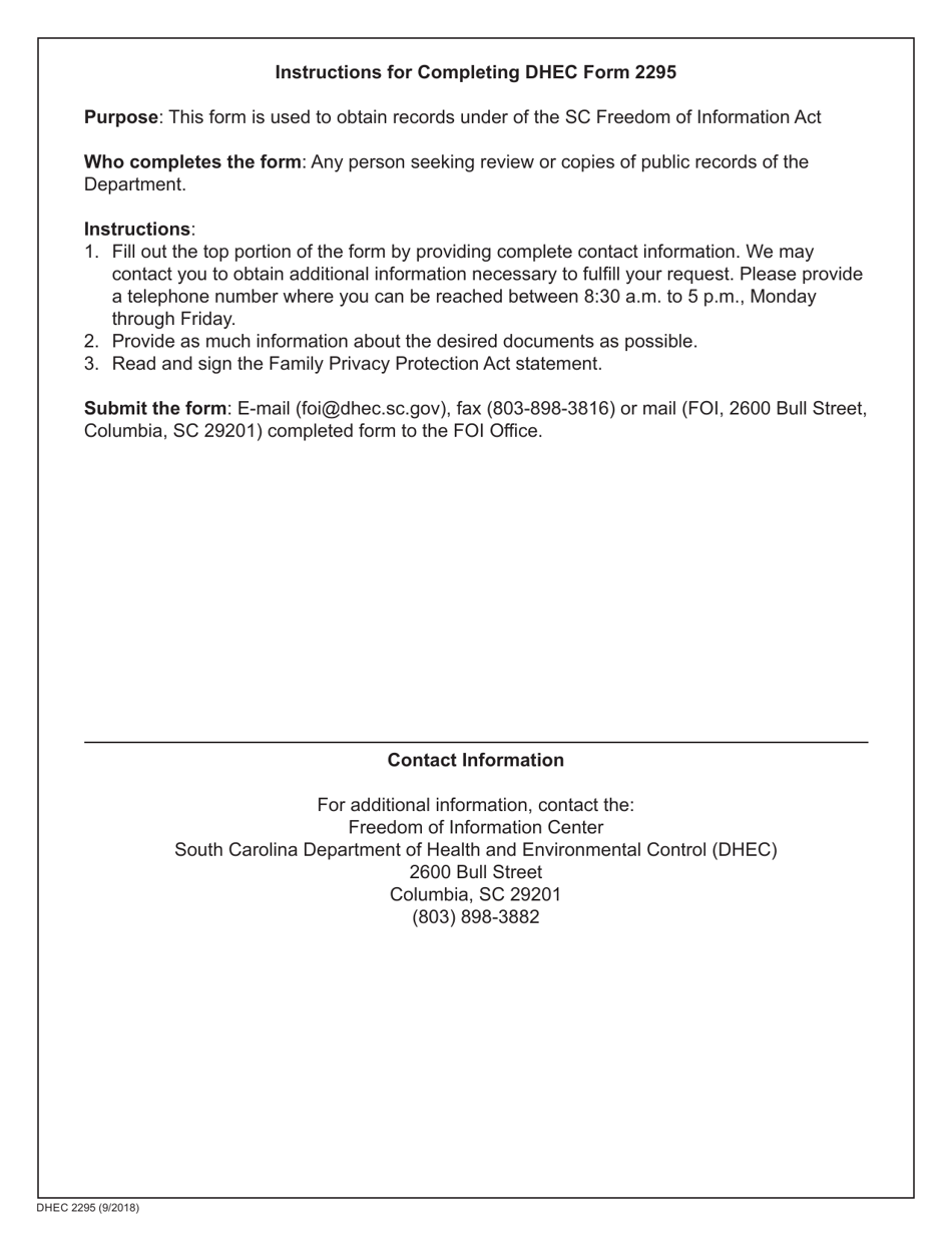 DHEC Form 2295 Freedom of Information Request Form - South Carolina, Page 2