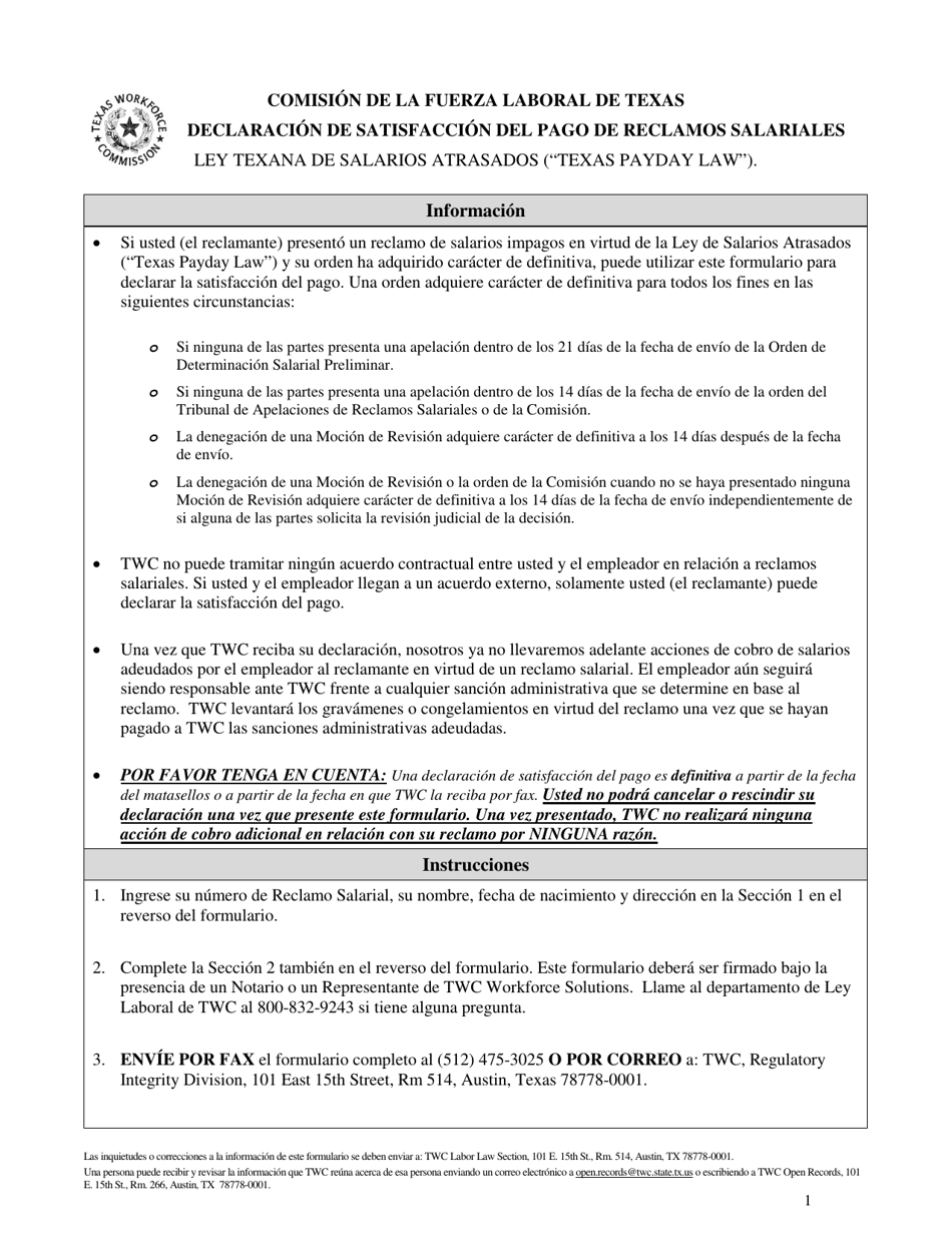 Formulario LL-120 Declaracion De Satisfaccion Del Pago De Reclamos Salariales - Texas (Spanish), Page 1
