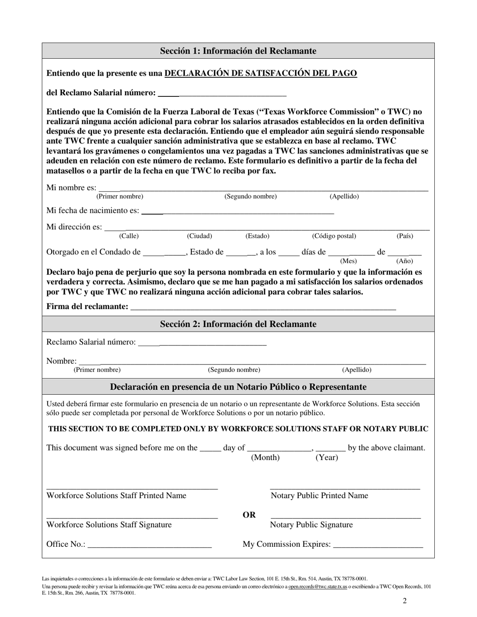 Formulario LL-120 Declaracion De Satisfaccion Del Pago De Reclamos Salariales - Texas (Spanish), Page 2