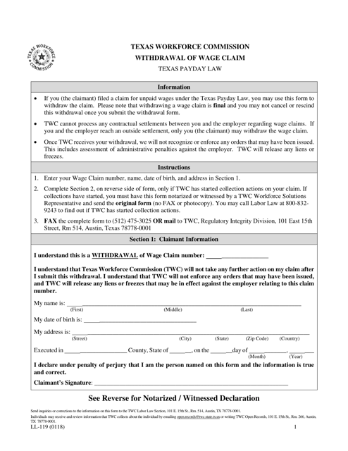 Form LL-119  Printable Pdf