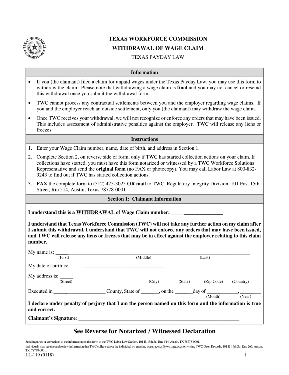 Form LL-119 Withdrawal of Wage Claim - Texas, Page 1