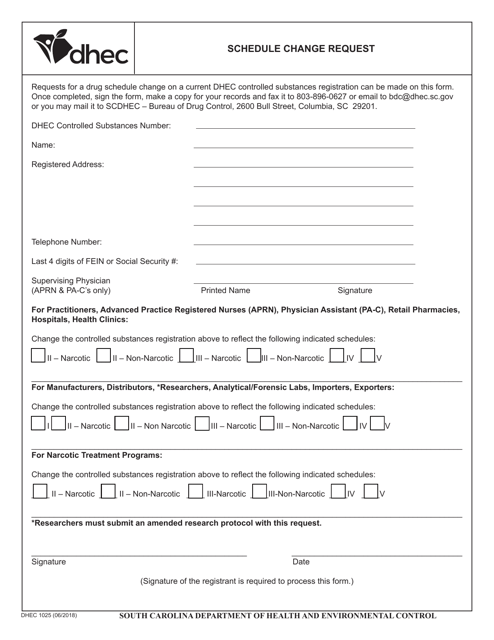 DHEC Form 1025 Schedule Change Request - South Carolina