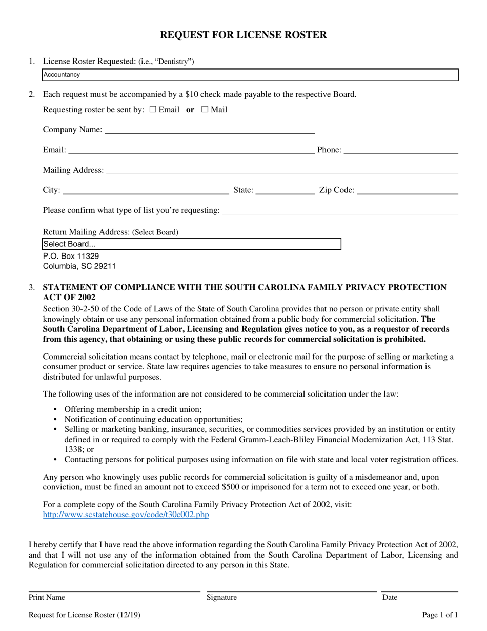 Request for License Roster - South Carolina, Page 1