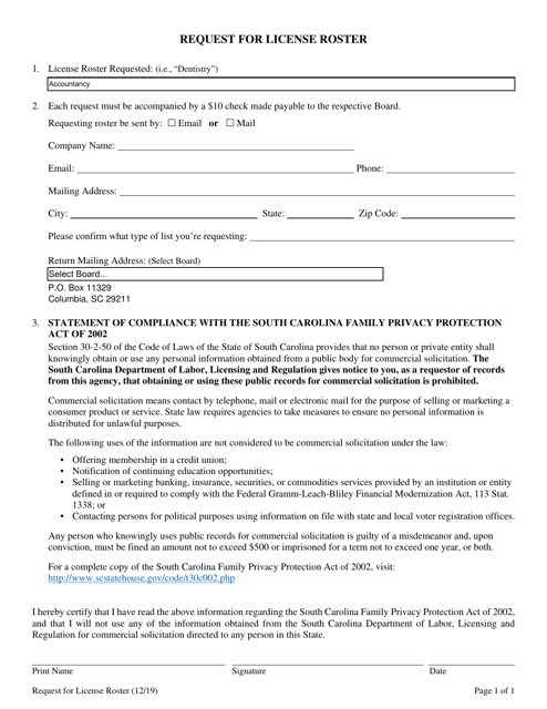 &quot;Request for License Roster&quot; - South Carolina Download Pdf