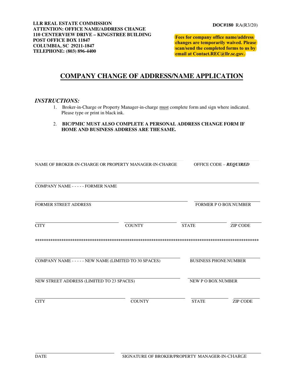 Form DOC180 Company Change of Address / Name Application - South Carolina, Page 1