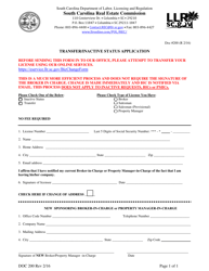 Form DOC200 Transfer/Inactive Status Application - South Carolina
