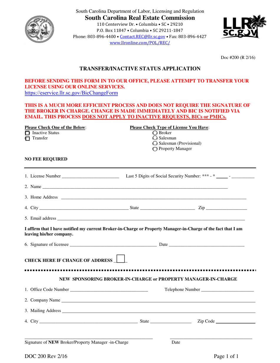 Form DOC200 Transfer / Inactive Status Application - South Carolina, Page 1