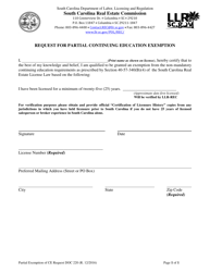 Form DOC220 Request for Partial Continuing Education Exemption - South Carolina