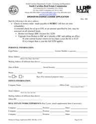 Form DOC280 Broker-In-charge License Application - South Carolina