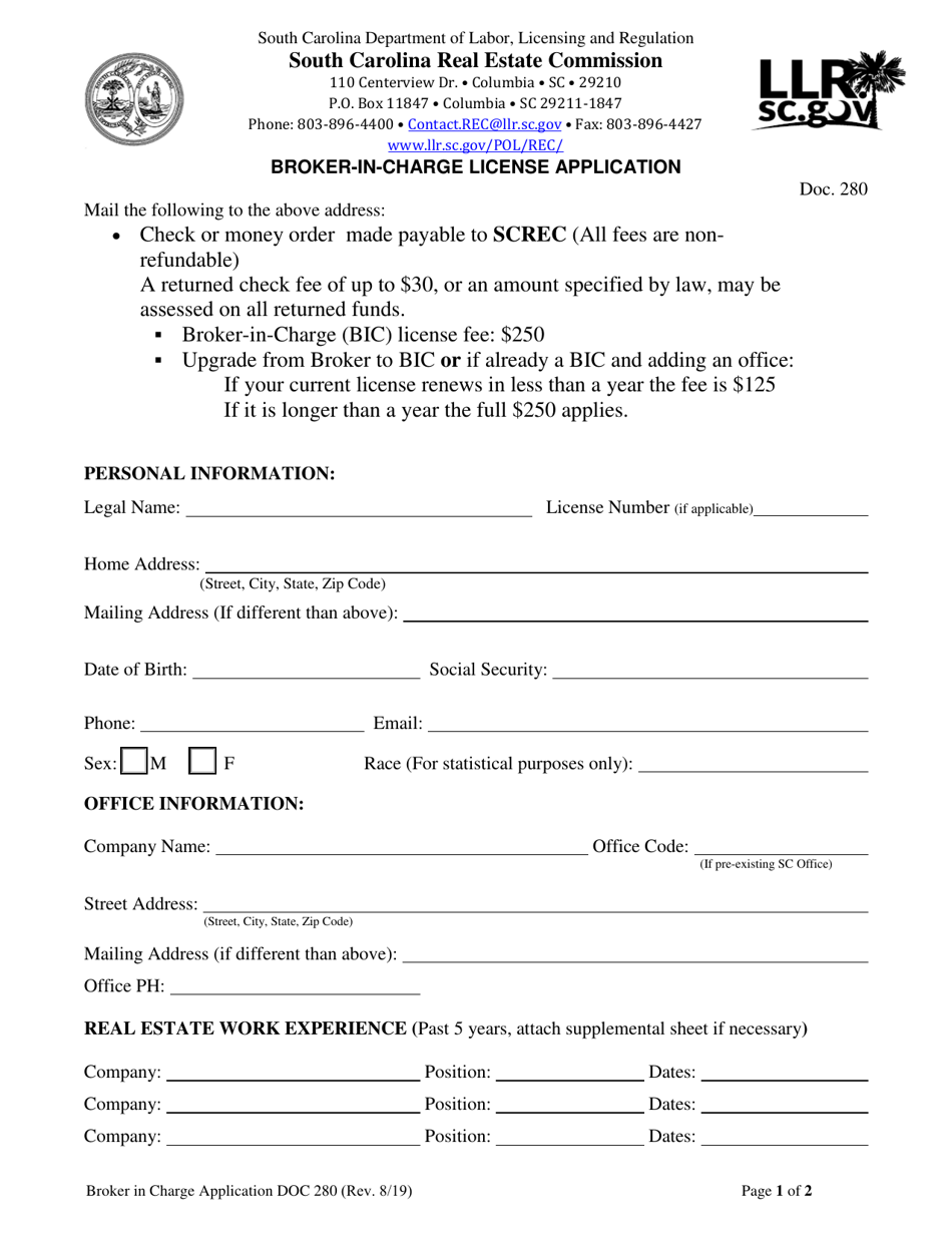 Form DOC280 Broker-In-charge License Application - South Carolina, Page 1