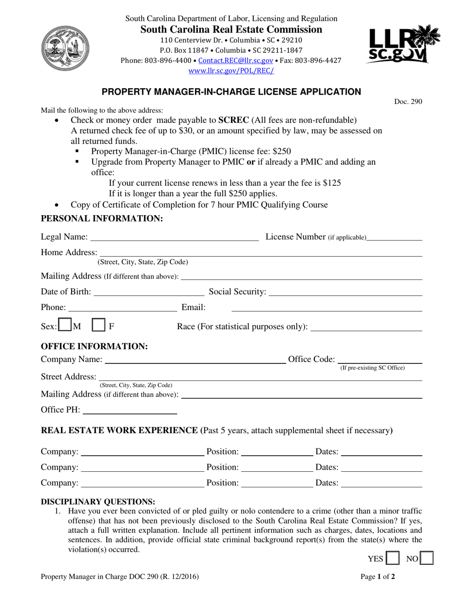 Form DOC290 Property Manager-In-charge License Application - South Carolina, Page 1