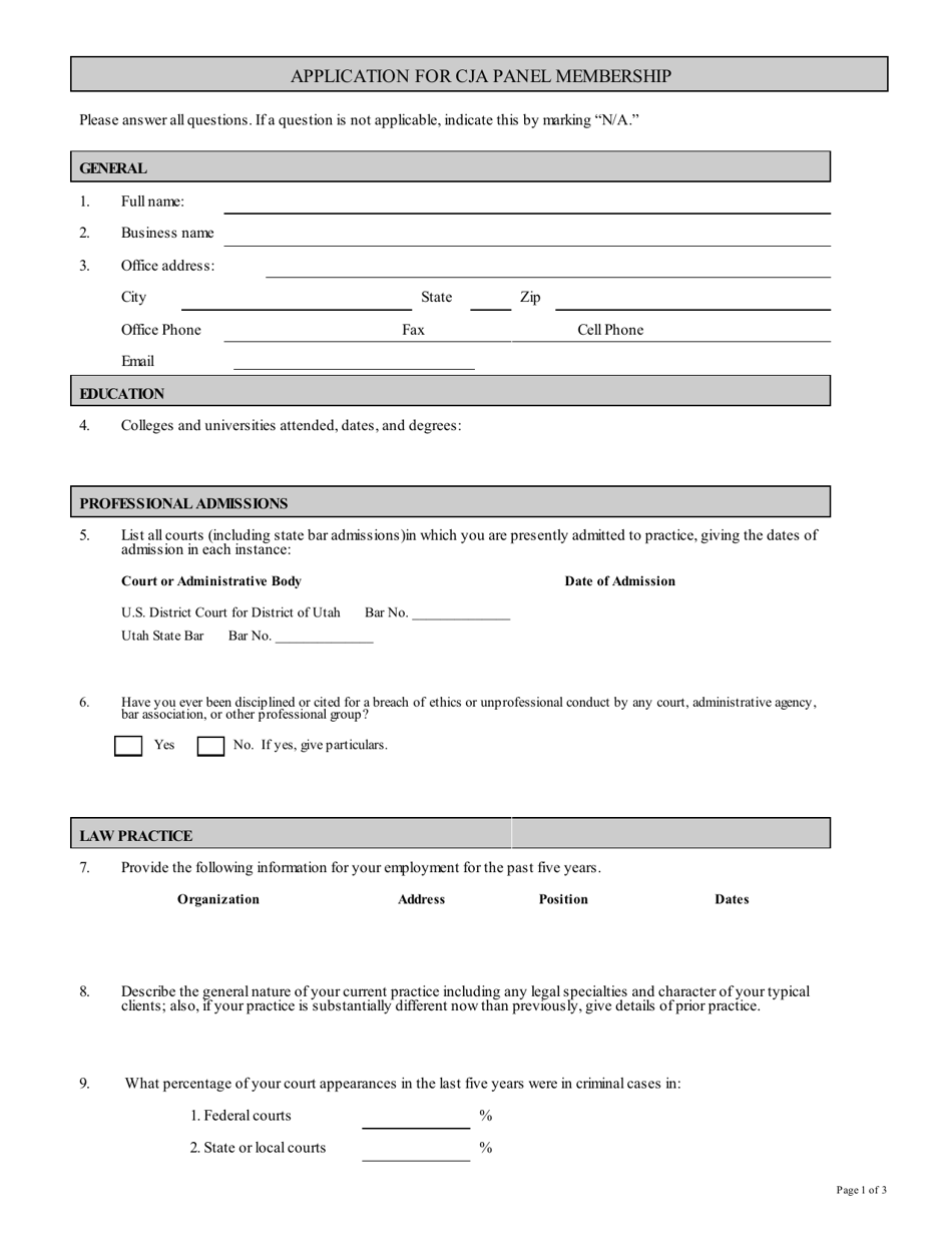 Application for Cja Panel Membership - Utah, Page 1