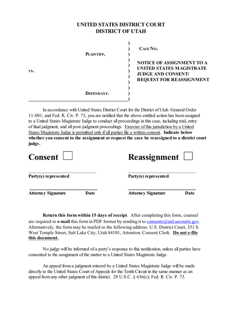 Notice of Assignment to a United States Magistrate Judge and Consent / Request for Reassignment - Utah Download Pdf