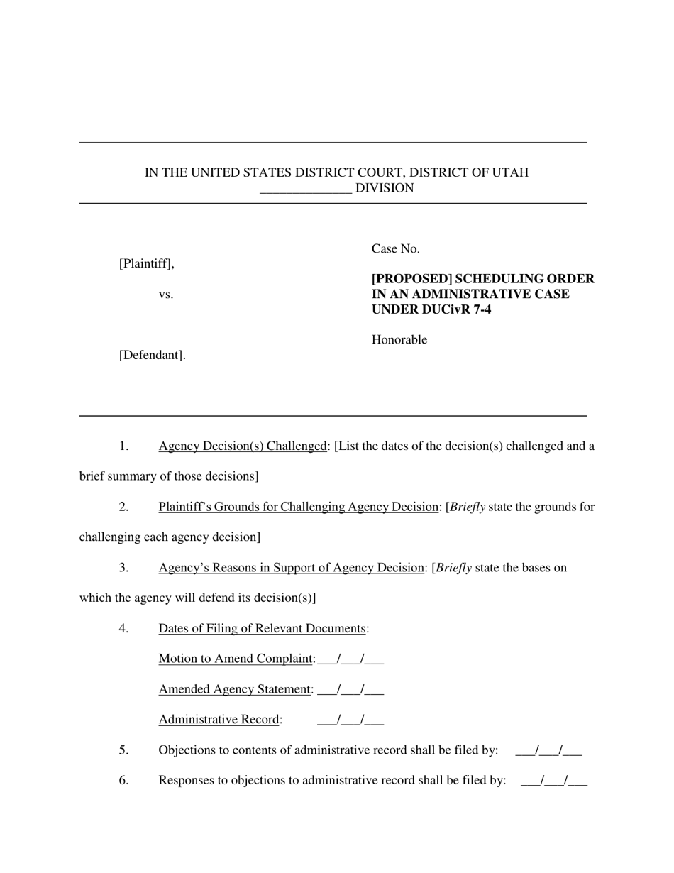 [proposed] Scheduling Order in an Administrative Case Under Ducivr 7-4 - Utah, Page 1