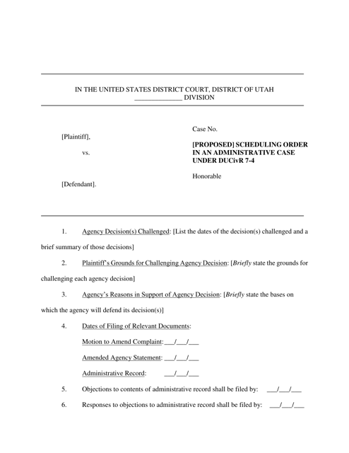 [proposed] Scheduling Order in an Administrative Case Under Ducivr 7-4 - Utah Download Pdf