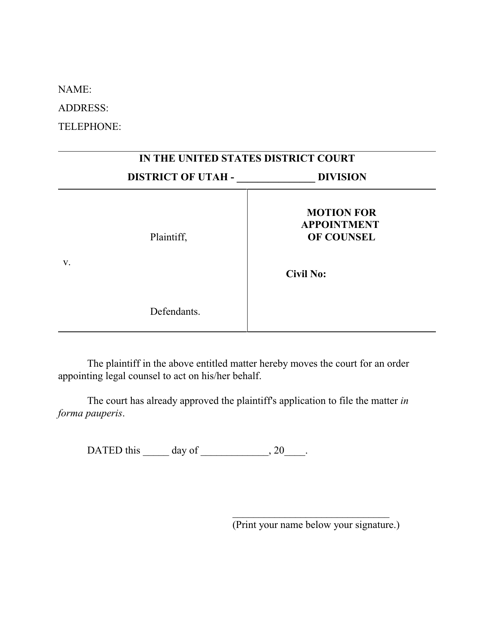 Motion for Appointment of Counsel - Utah