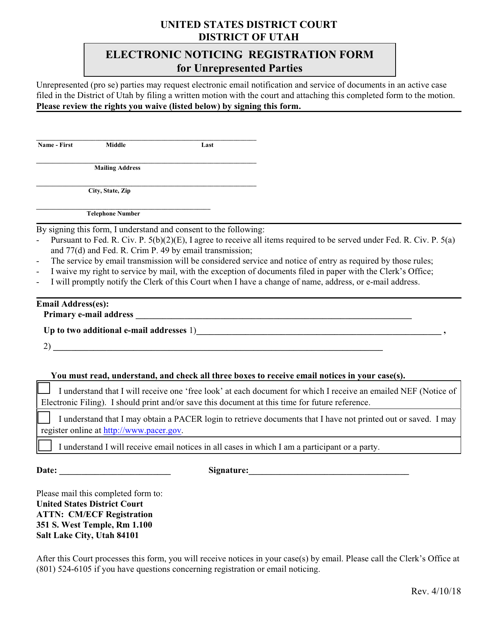 Electronic Noticing Registration Form for Unrepresented Parties - Utah Download Pdf