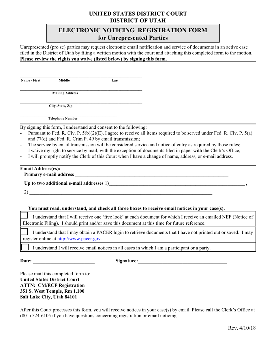 Electronic Noticing Registration Form for Unrepresented Parties - Utah, Page 1