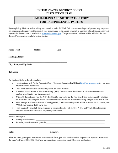 Email Filing and Notification Form for Unrepresented Parties - Utah Download Pdf