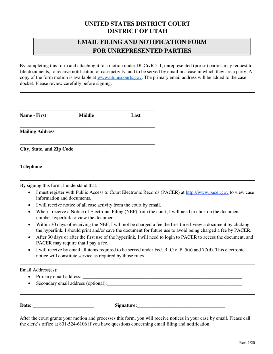Email Filing and Notification Form for Unrepresented Parties - Utah, Page 1