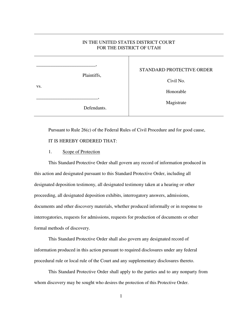 Standard Protective Order - Utah, Page 1