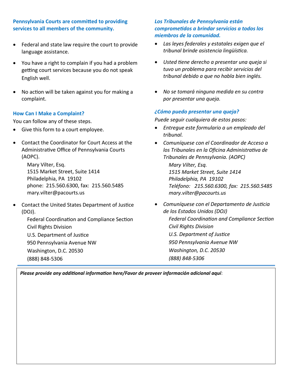 Pennsylvania Courts Language Services Complaint - Pennsylvania (English / Spanish), Page 2