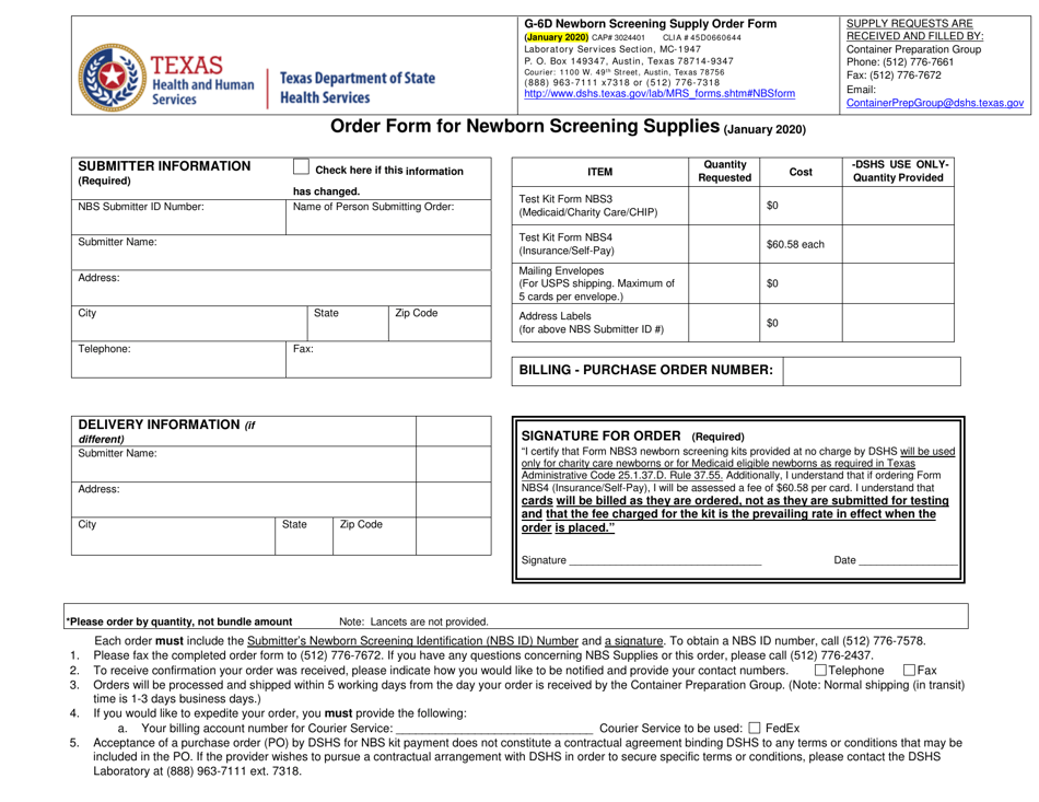 Form G-6D Newborn Screening Supply Order Form - Texas, Page 1