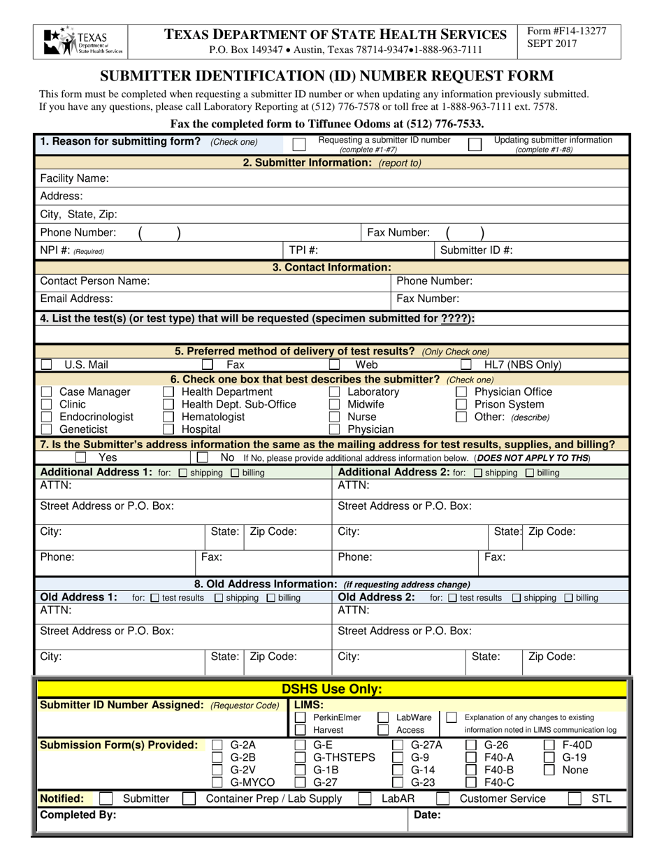 Form F14-13277 Submitter Identification (Id) Number Request Form - Texas, Page 1