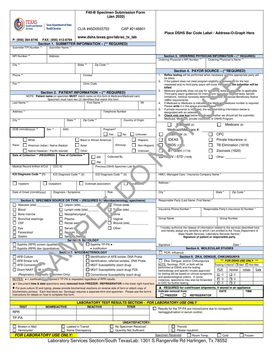 Form F40-B Microbiology Specimen Submission Form - Sample - Texas, Page 1